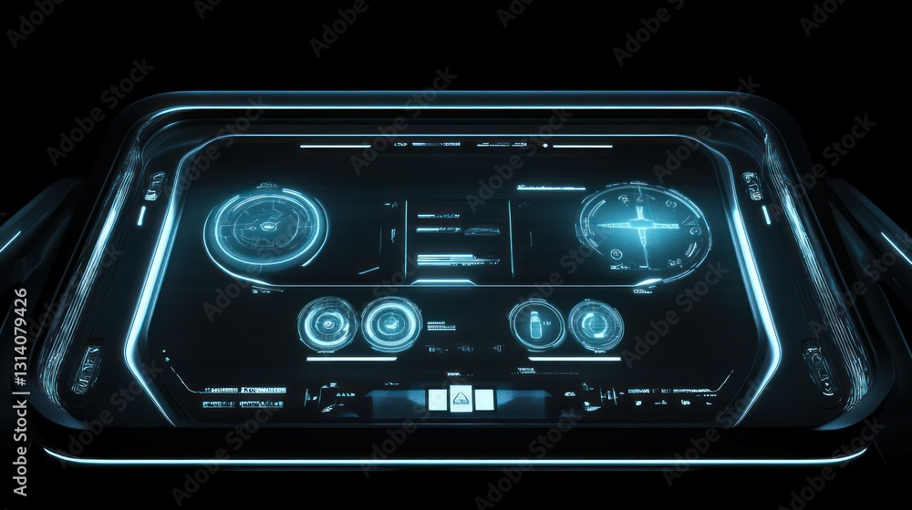 Fototapeta premium The glowing futuristic vehicle cockpit control panel displays important information