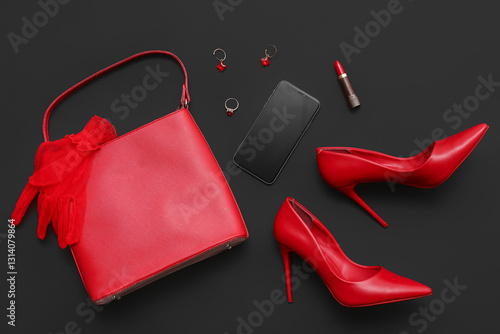 Wallpaper Mural Composition with cosmetics, accessories, bag and shoes on black background. Top view Torontodigital.ca