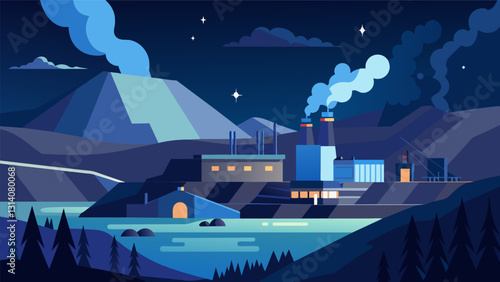 As night falls a geothermal power plant lights up the surrounding countryside providing a clean and reliable source of energy.. Vector illustration