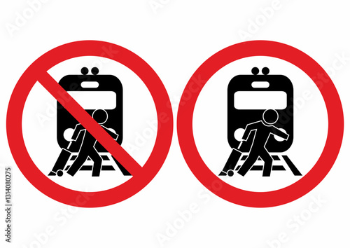 Prohibition of shortening the route over the tracks, ban crossing railway, engine and person with suitcase, set two vector icons, symbol, red circle traffic sign
