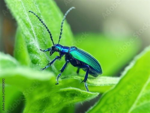 Wallpaper Mural A close-up of a bright blue beetle perched on a green leaf, its colorful shell and delicate features captured in sharp detail, symbolizing the beauty of small creatures. Torontodigital.ca