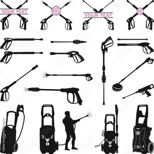 Pressure Washer Silhouettes, Pressure Washer Gun Icon Vector Silhouette, High-pressure washer icons vector Silhouette Illustration. Car wash foam. Water soap cleaning