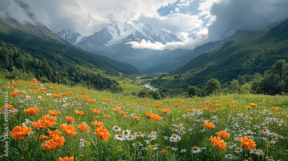 Mountain valley meadow blooms, vibrant flowers, scenic landscape Mountain valley meadow blooms, vibrant flowers, scenic landscape