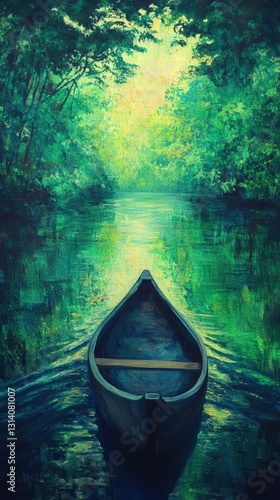 Wallpaper Mural lone canoe glides across the ocean, surrounded by the vibrant greens of the Amazon rainforest, Torontodigital.ca