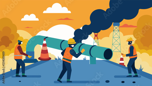 Surrounded by smoke and debris workers bravely approach a damaged gas pipeline determined to repair it before any further damage can occur.. Vector illustration