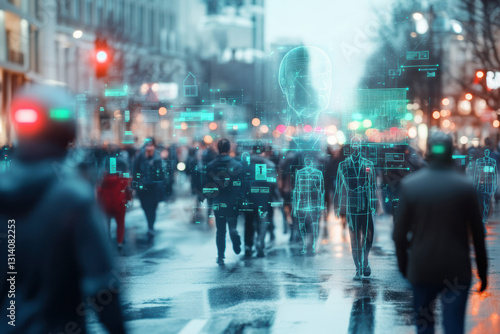 A futuristic interface on a surveillance monitor captures a bustling city street. Facial recognition AI actively scans pedestrians, highlighting advancements in urban security technologies.