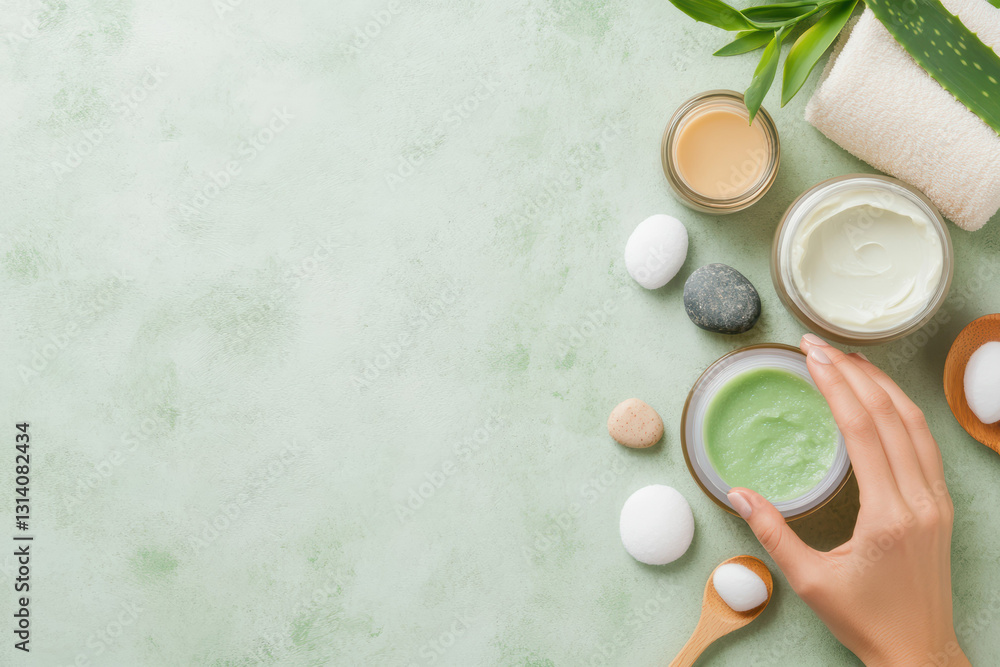 Skincare products on a soft green background with a hand holding a jar of green cream, evoking a spa-like and natural self-care atmosphere. Skincare products on a soft green background with a hand holding a jar of green cream, evoking a spa-like and natural self-care atmosphere.