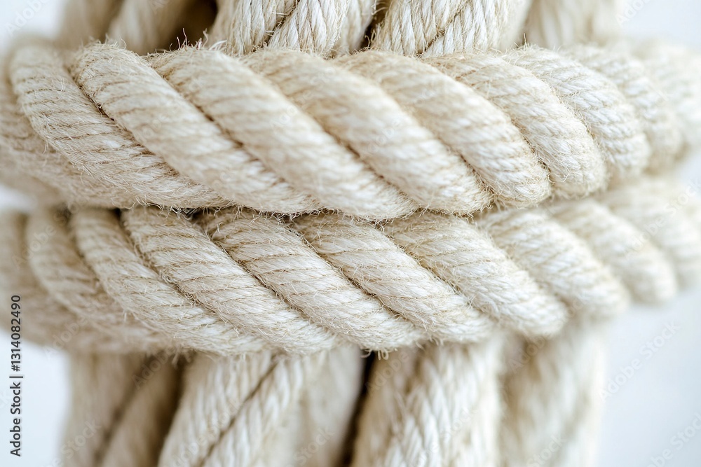 White, thick rope background with a textured, coiled rope pattern. Close-up of a boating rope with multiple strands and a braided design. White background. Textured, white background with a close-up. White, thick rope background with a textured, coiled rope pattern. Close-up of a boating rope with multiple strands and a braided design. White background. Textured, white background with a close-up.