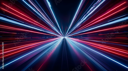 Dynamic Light Trails Converging in a Futuristic Tunnel With a Blurred Motion Effect in Shades of Red Blue and Purple