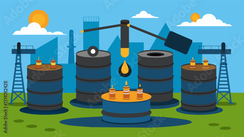 Large metal drums revolving and churning extracting various petroleum products from the crude oil.. Vector illustration