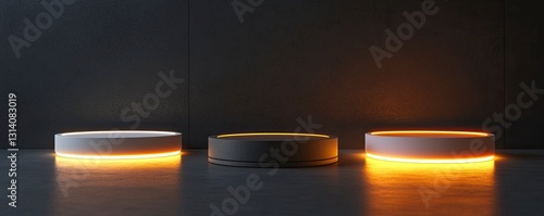 Set of podiums with a glowing light ring on a dark background, vector illustration. Backup, in white, golden, and orange colors, realistic, detailed rendering, Octane render, stock photo. 