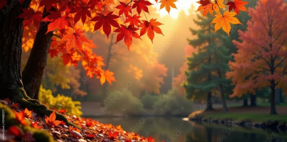 Crisp autumn air, fiery maple leaves framed by pines , colorful, october, forest Crisp autumn air, fiery maple leaves framed by pines , colorful, october, forest