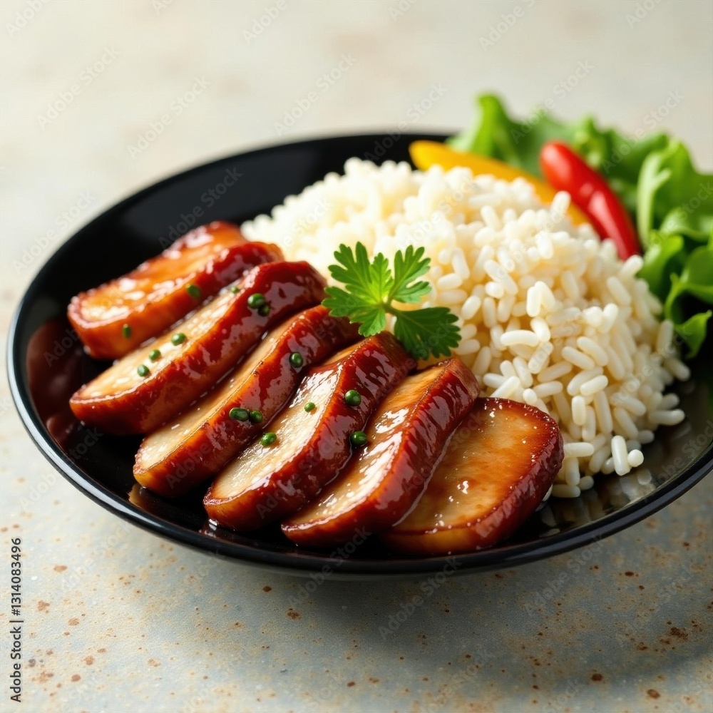 Crispy duck, colorful vegetables, aromatic rice, vegetables, plate Crispy duck, colorful vegetables, aromatic rice, vegetables, plate