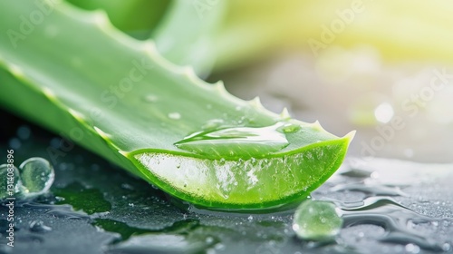 A sliced aloe vera leaf shows its fresh gel and water drops