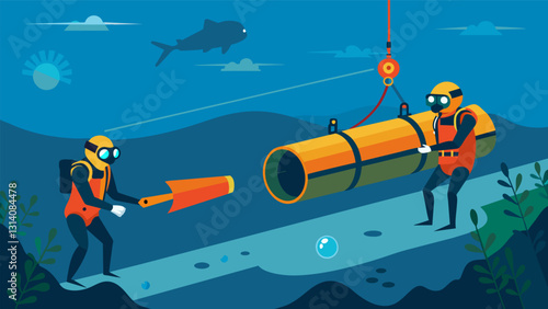 In the depths of the ocean divers use advanced sonar technology to detect any hidden damages or anomalies on the underwater oil pipeline.. Vector illustration