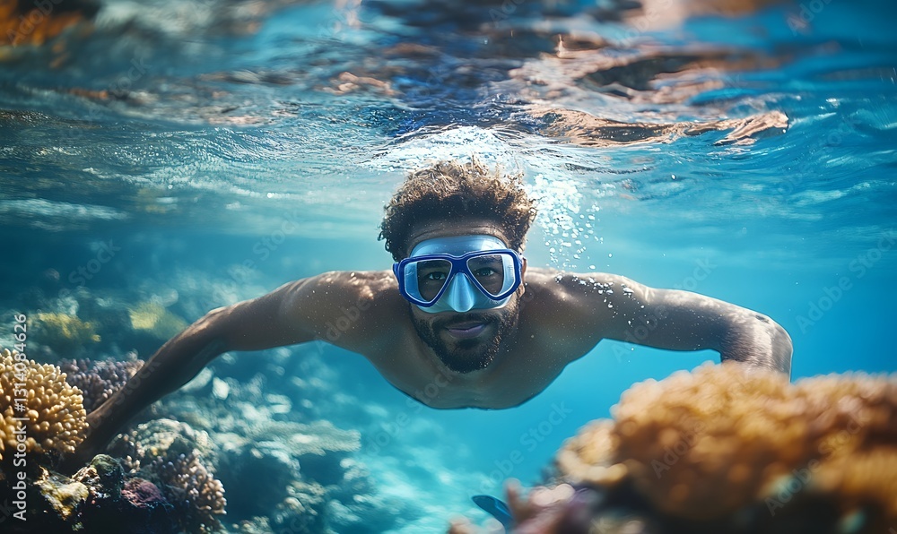 Fototapeta premium Man snorkeling underwater.