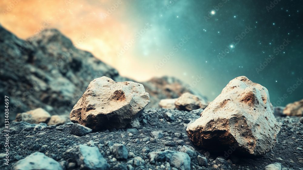 Celestial Debris on Rugged Landscape: Meteorite Fragments Under a Cosmic Canopy with Ethereal Starlight and Scientific Exploration Theme Celestial Debris on Rugged Landscape: Meteorite Fragments Under a Cosmic Canopy with Ethereal Starlight and Scientific Exploration Theme