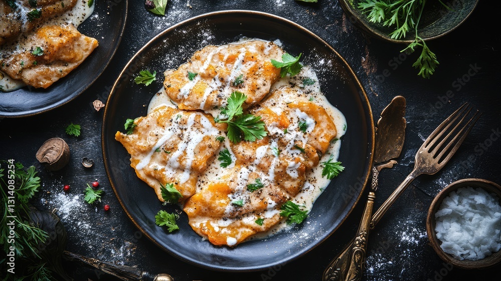 A dark rustic background featuring a plated Panang curry with coconut milk drizzled on top. A dark rustic background featuring a plated Panang curry with coconut milk drizzled on top.
