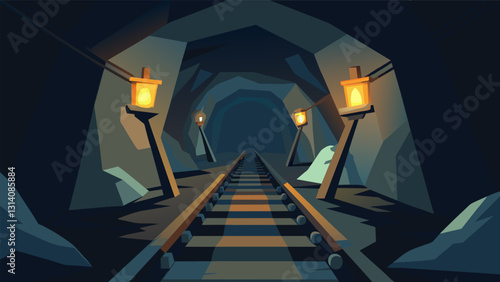 The dimly lit tunnels of a mine brightened by the tered beams of light from the coal miners headlamps.. Vector illustration