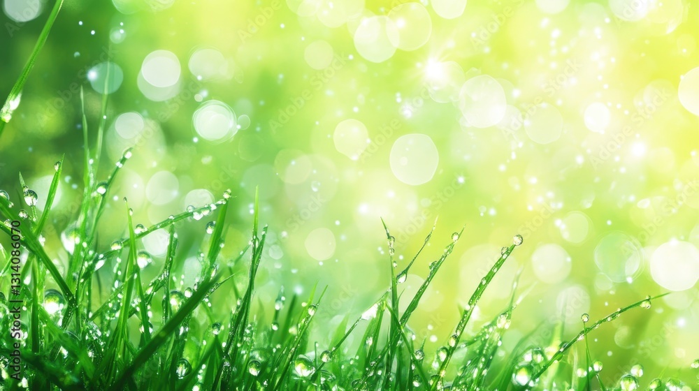 Obraz premium Bright green grass with water droplets and blurred background is lovely