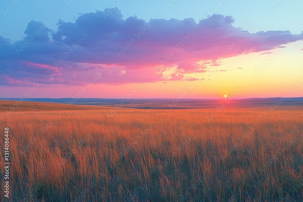 Fototapeta premium Golden prairie sunset, colorful clouds over vast grassland