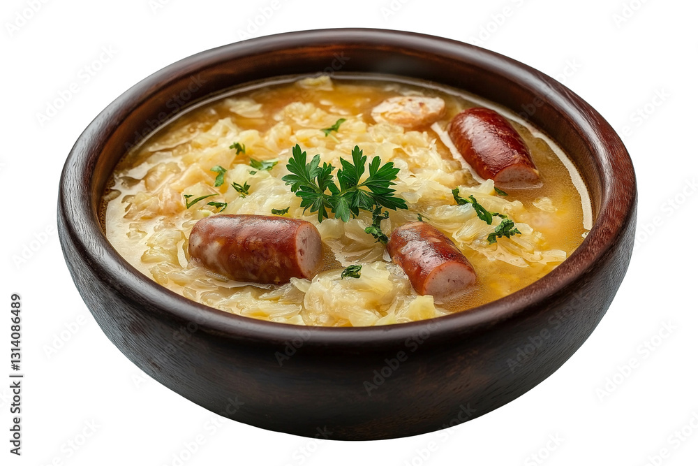 Slovak kapustnica sauerkraut soup with sausage isolated on transparent white background Slovak kapustnica sauerkraut soup with sausage isolated on transparent white background
