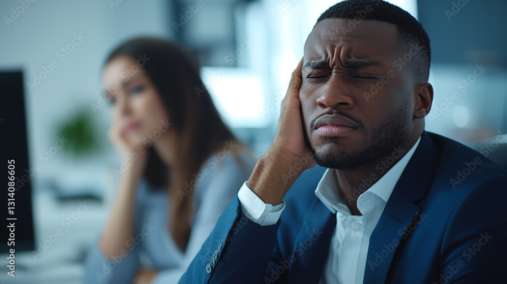 Fototapeta premium Stressed businessman tired at work with colleague in background sad mood office fatigue problem