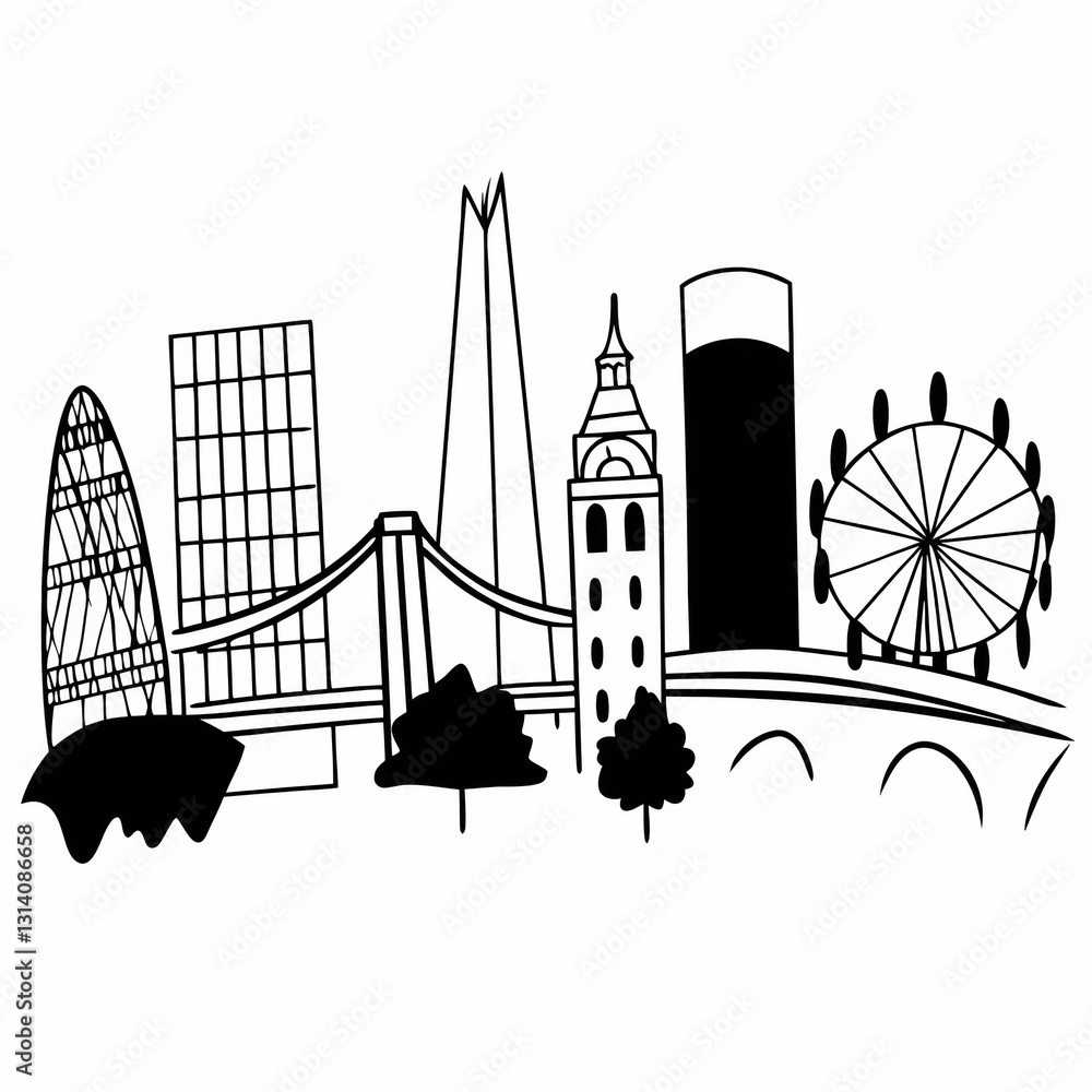 Fototapeta premium Stylized london skyline silhouette with iconic landmarks and modern architecture