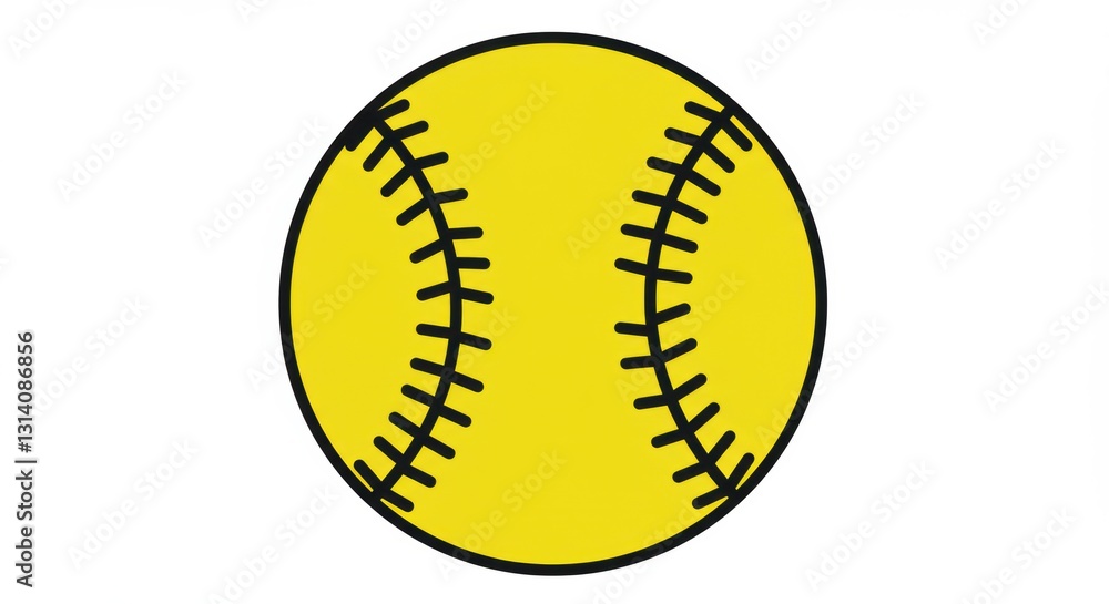 Bright yellow softball icon with black stitching on white background Bright yellow softball icon with black stitching on white background