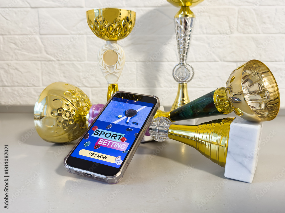 Fototapeta premium Business and sport concept. Ball and smartphone with bet application 