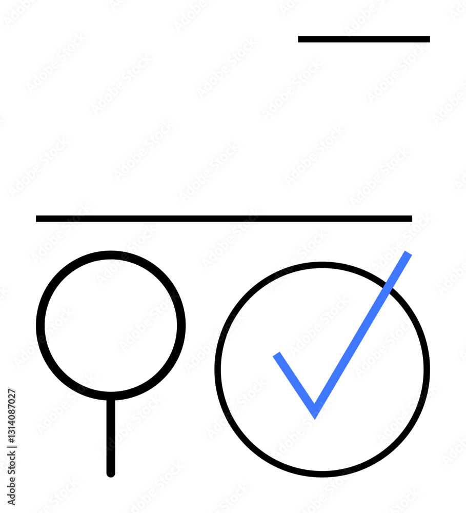 Magnifying glass and circular checkbox with blue checkmark and lines represent search, verify, and choice. Ideal for online navigation, selection, search engines, verification, task management, data Magnifying glass and circular checkbox with blue checkmark and lines represent search, verify, and choice. Ideal for online navigation, selection, search engines, verification, task management, data