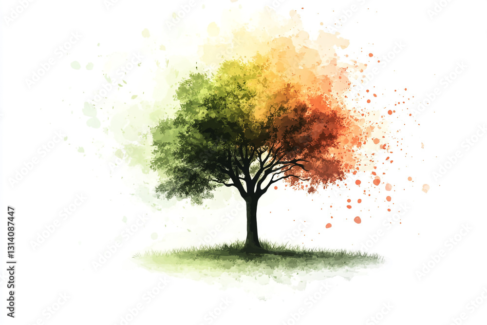 Obraz premium Vibrant watercolor tree illustration green orange autumn colors art leaf fall image nature design