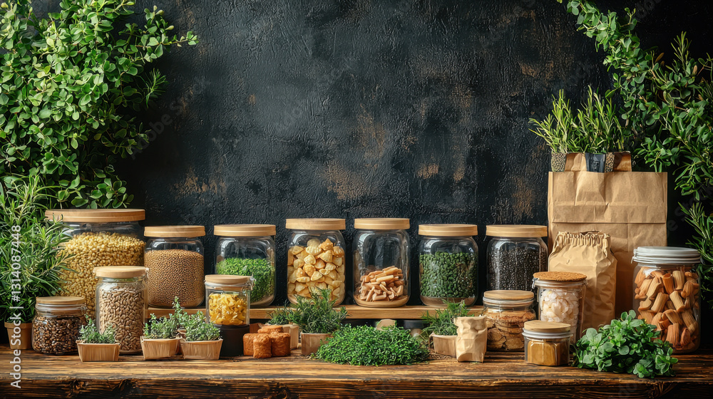 variety of sustainable packaging solutions are displayed wooden table, featuring glass jars and paper bags filled with grains, herbs, and dried foods. Lush greenery surrounds setup, creating eco variety of sustainable packaging solutions are displayed wooden table, featuring glass jars and paper bags filled with grains, herbs, and dried foods. Lush greenery surrounds setup, creating eco