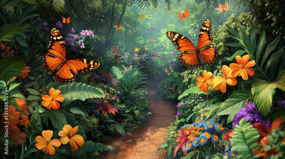 Vibrant Tropical Garden Path with Colorful Butterflies and Flowers Vibrant Tropical Garden Path with Colorful Butterflies and Flowers
