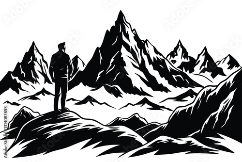 Silhouette of a man walking towards a mountain range with a backpack