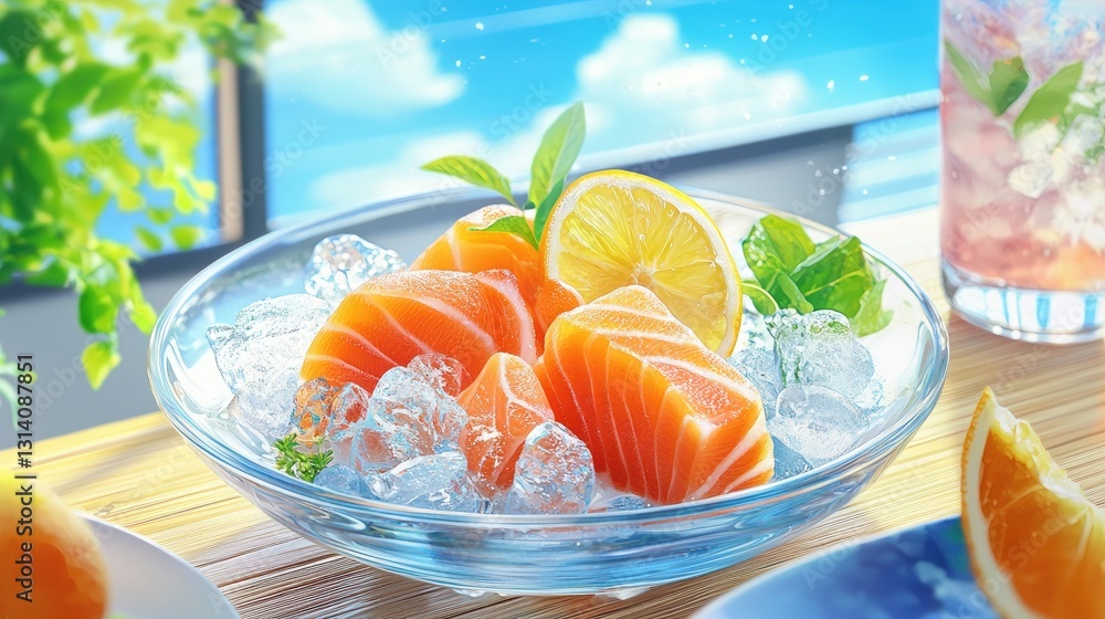 A sushi chefs premium cut of salmon sashimi, glistening over crushed ice with elegant plating A sushi chefs premium cut of salmon sashimi, glistening over crushed ice with elegant plating