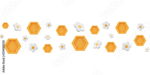 Border with 3d honeycombs and flowers. Beekeeping seamless pattern. Frame of summer plasticine elements. Vector minimalist illustration. Honey cells in front view with cartoon florals.