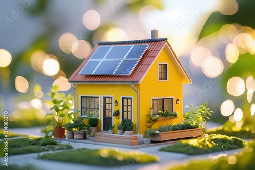 Create an innovative concept for a sustainable house that incorporates a solar roof, harmoniously integrating with natural surroundings and utilizing solar power to meet energy needs of residents