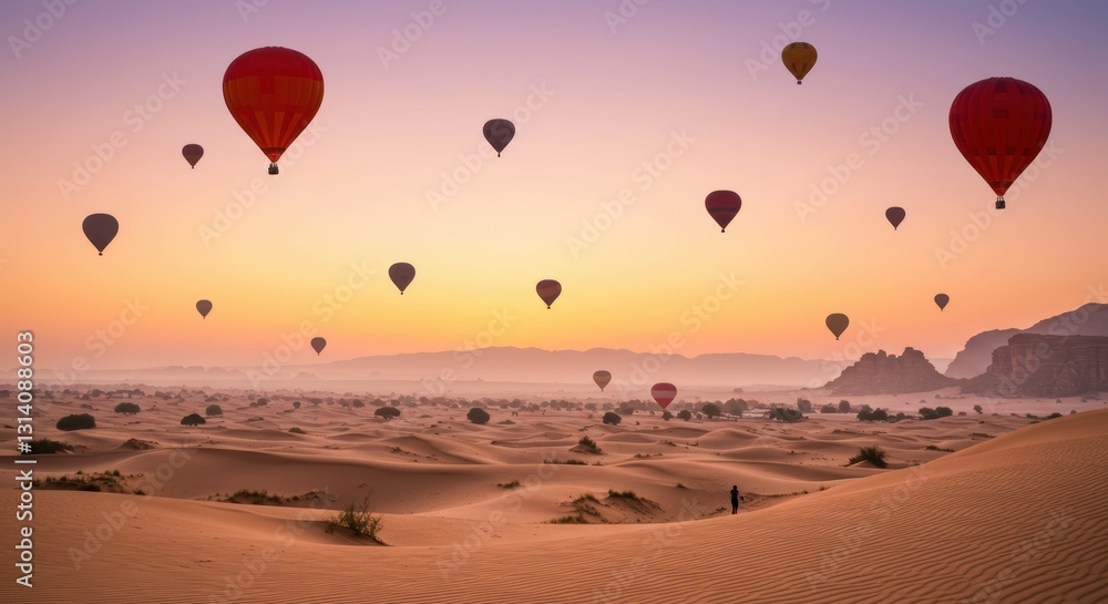 Fototapeta premium Hot air balloons over desert landscape at sunrise with sand dunes and mountains