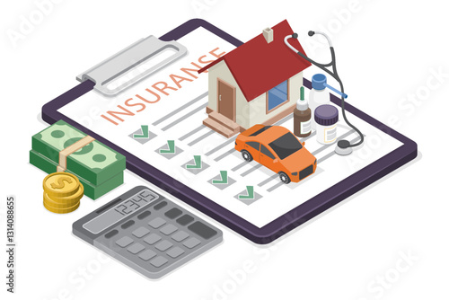 Insurance policy concept. House, auto, health insurance document. Isometric flat vector illustration on white background