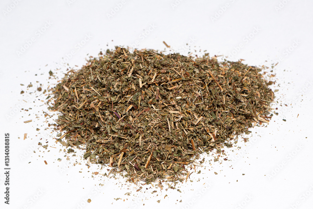 Pile of dried raspberry leaf herbal tea on white background Pile of dried raspberry leaf herbal tea on white background