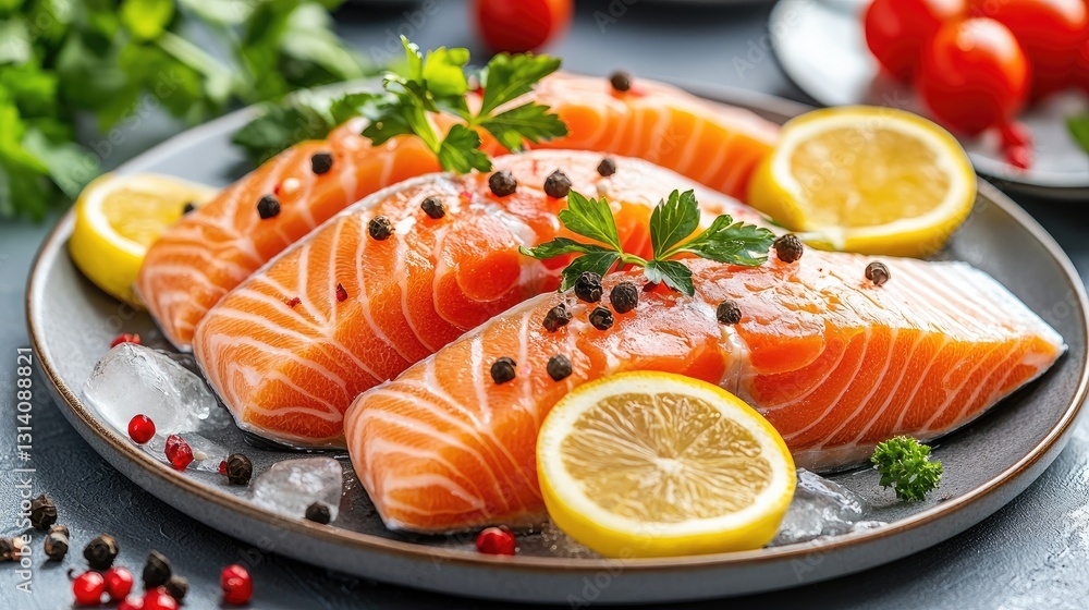 A top-down view of sashimi-grade salmon fillet slices, beautifully plated with ice and garnish A top-down view of sashimi-grade salmon fillet slices, beautifully plated with ice and garnish