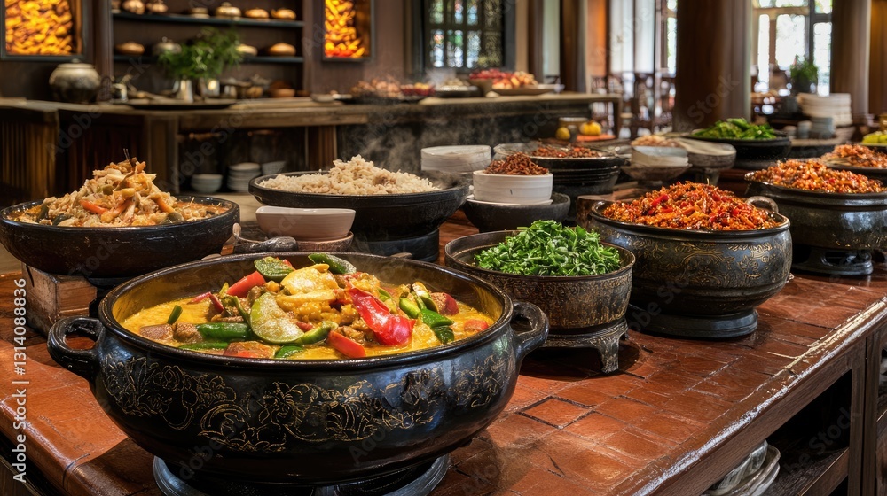 Fototapeta premium A rustic Thai kitchen counter with traditional cookware and a pot of Panang curry.