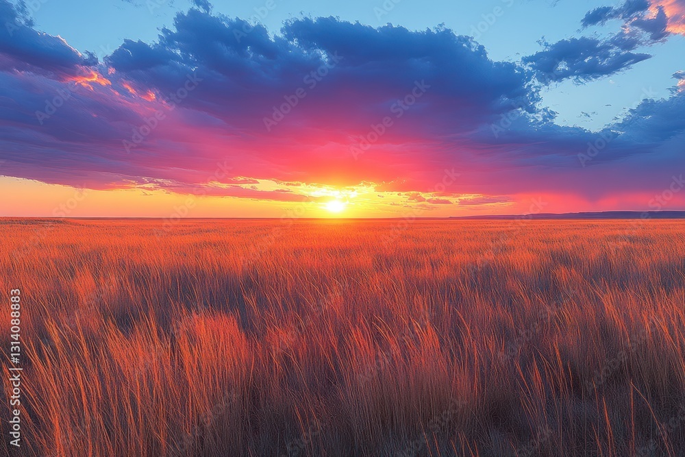 Fototapeta premium Golden prairie grass field at sunset under dramatic sky