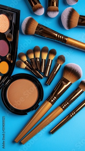 Flat lay of gold makeup brushes and eyeshadow palette on vibrant blue background.  Perfect for beauty, cosmetics, and fashion related projects. photo