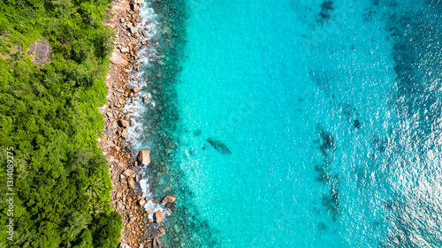 Wallpaper Mural Aerial view of a rocky coast merging with clear turquoise waters and dense greenery. Praslin, Seychelles. Torontodigital.ca