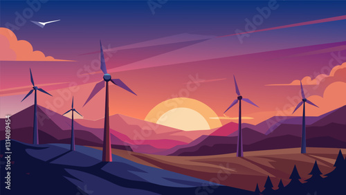 In the tranquil evening air the wind turbines steadily generate renewable energy their blades a blur against the colorful sunset.. Vector illustration