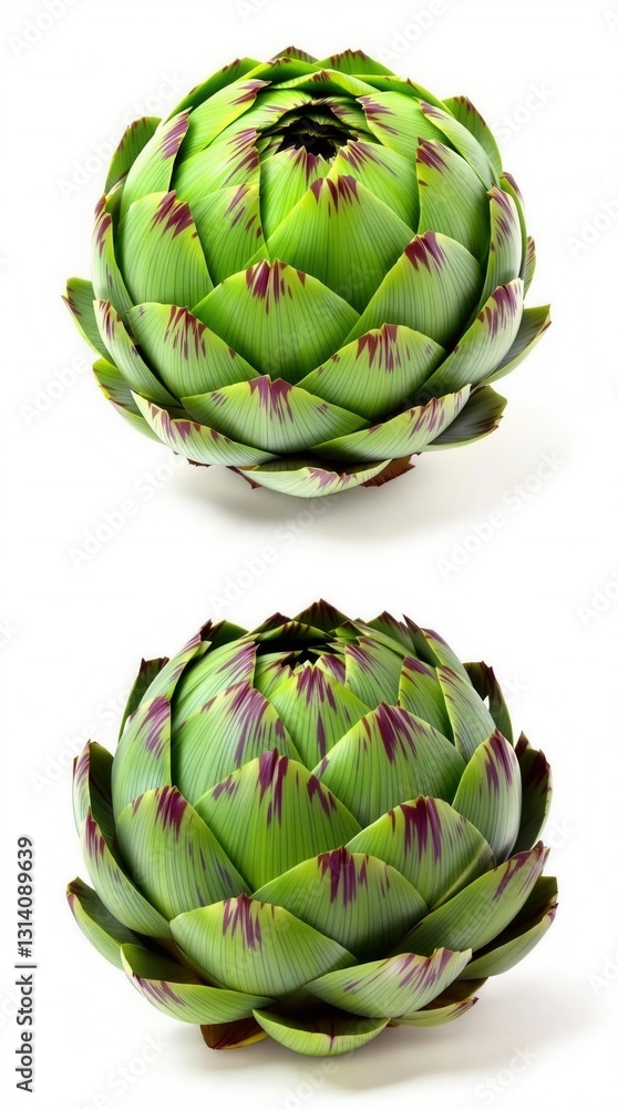 Obraz premium Two green artichokes with purple spots