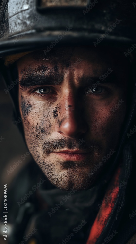 Determined Firefighter Covered in Soot Looking at Camera Determined Firefighter Covered in Soot Looking at Camera