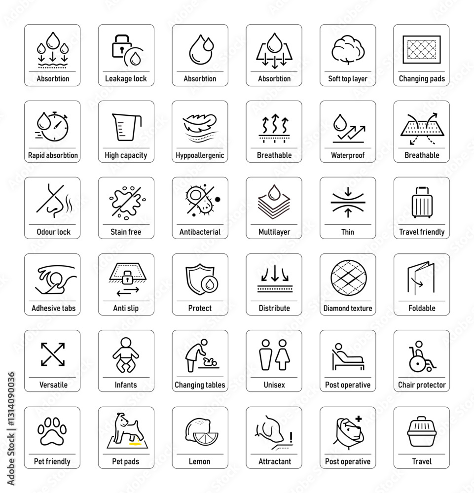 Disposable changing mat set icons.Suitable for pet, baby, adults users of changing mat.The outline icons are well scalable and editable. Contrasting elements are good for different backgrounds.EPS10. Disposable changing mat set icons.Suitable for pet, baby, adults users of changing mat.The outline icons are well scalable and editable. Contrasting elements are good for different backgrounds.EPS10.